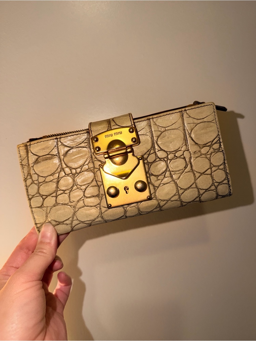 Miu Miu Croc-Embossed Beige Leather Card Holder with Gold Lock